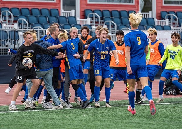 Carmel celebrates a goal during its 3-1 win over Harrison in Indiana's Class 3A <a href=