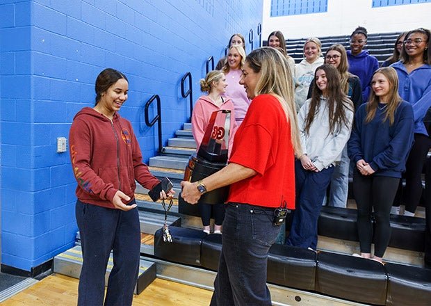 Sophee Peterson was surprised with the Gatorade National Volleyball Player of the Year trophy by Olympian April Ross <strong>on Thursday at Byron Nelson High School</strong>. (PHOTO: Michael Horbovetz)